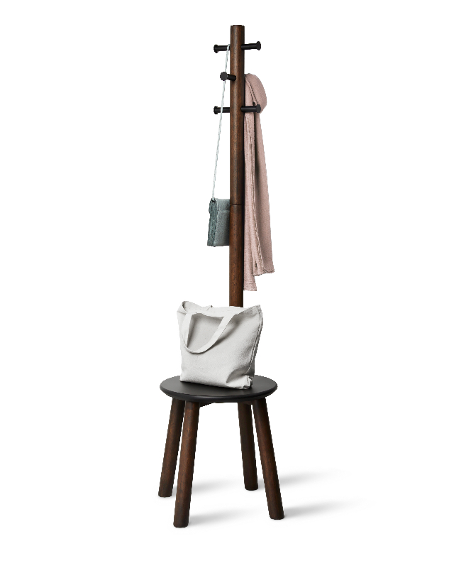 appendiabiti e sgabello in legno e acciaio dal design moderno ed elegante